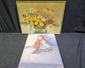 2 Oil on Canvas Paintings "Flowers" & "Dolls"