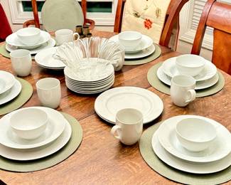 Emirel Wedgewood White China for 8 w/dinner plates, salad plates, soup bowls, small bowls, cups…Sold as complete Set