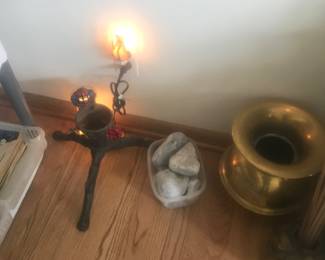 Tub of Petoskey stones and vintage 3 legged tree stand
