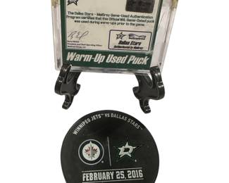 2016 Dallas Stars vs Winnipeg Jets Official Warm-Used Puck with COA