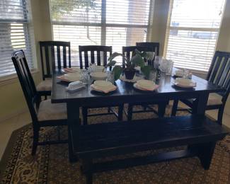 Beautiful Black Wood Dining Table with extendable ends & 6 Chairs plus a Bench