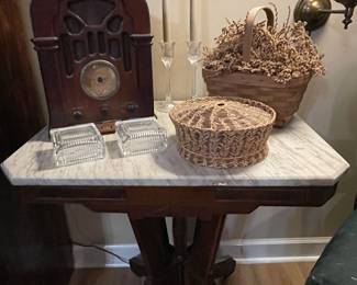 Vintage radio, pinestraw basket 