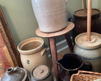 Pottery churns, jars, pitcher