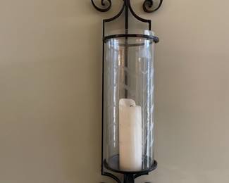 Lg wrought iron candle sconce w/etched glass shade