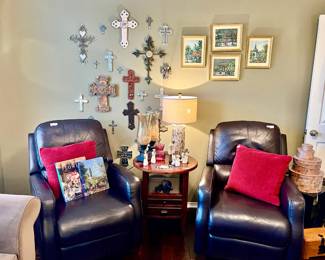 LEATHER RECLINERS, CROSSES, FRENCH PRINTS.