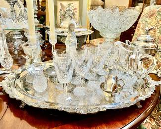 BEAUTIFUL FOOTED SILVER TRAY WITH LOTS AND LOTS OF WATERFORD!