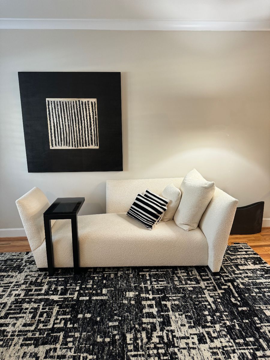 Donhia Island Fabric Sofa (84"W x 44"D x 30" Back Height), Crate & Barrel Celosia Rug (96"W x 120"L), Dimensional Wall Square (47"W x 47"H) & Crate and Barrel Parsons C Table (12"D x 20"W x 26"H / pair)