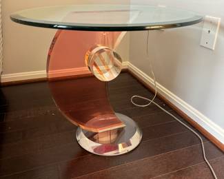 Sculptural Rose Colored Lucite and Glass Top Pedestal Side Table by Shlomi Haziza (24"D x 20"H) (pair)