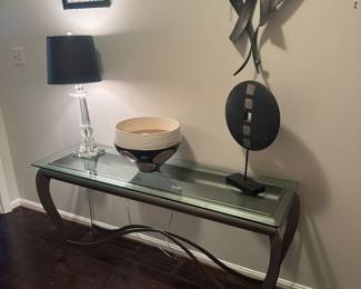 Curved Steel Leg & Glass Top Rectangular Console Table (58"W x 18"D x 28"H)