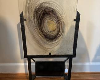 Abstract Painted Glass with Steel Base Fireplace Screen Signed Ana