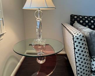 Sculptural Rose Colored Lucite and Glass Top Pedestal Side Table by Shlomi Haziza (24"D x 20"H) (pair) & Crystal Table Lamp (pair)