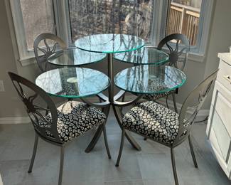 DIA Circle of Life Steel & Glass Dining Table (29-1/2"H x 46-1/2"W x 44-1/2"D) & Metal Framed Sunburst Back Upholstered Seat Dining Chair (4 total)