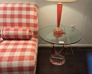 Sculptural Eyelet Rose Colored Lucite and Glass Top Pedestal Side Table by Shlomi Haziza (24"D x 20"H) 