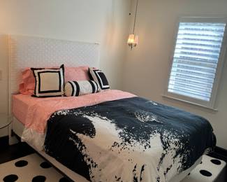 Upholstered Headboard Queen Bed with Designer Bed Linens (Headboard 58"H) & Safavieh Ivory/Black Polka Dot Wool Rug (72"W x 108"L)