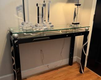 Hand-painted Raised Glass Console Table Signed Raleega (14"D x 46"W x 35"H)