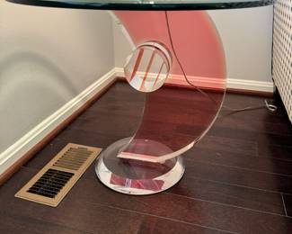 Sculptural Rose Colored Lucite and Glass Top Pedestal Side Table by Shlomi Haziza (24"D x 20"H) (pair)