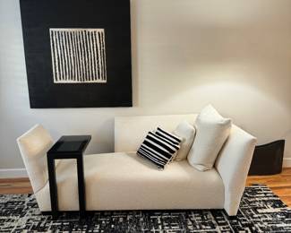 Donhia Island Fabric Sofa (84"W x 44"D x 30" Back Height), Crate & Barrel Celosia Rug (96"W x 120"L), Dimensional Wall Square (47"W x 47"H) & Crate and Barrel Parsons C Table (12"D x 20"W x 26"H / pair)