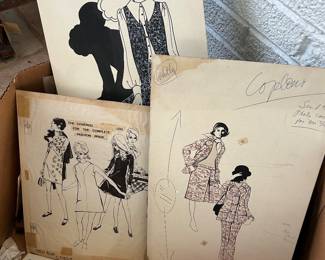 Box full of vintage store illustrations