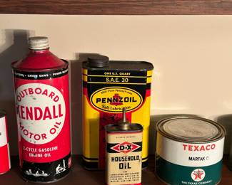 Kendall Outboard Motor Oil | Pennzoil Outboard Oil Quart | Diamond D-X Household Oil | Texaco Marfak O Grease Can