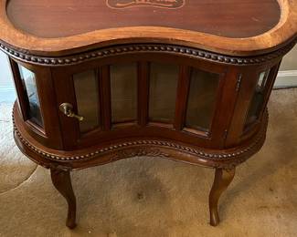 Antique Kidney Shaped Chocolate Table w/ Removable Serving Tray, Wood and Glass Storage area w/ light. 