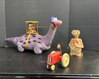 Working, battery operated Flintstone toy, early Mickey Mouse, and ET