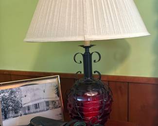 Spanish style vintage ruby red quilted glass lamp 