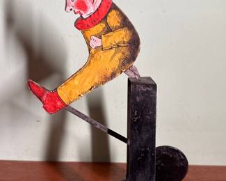 Antique Tin And Wood Clown Toy With Movable Leg  Mechanical Folk Art