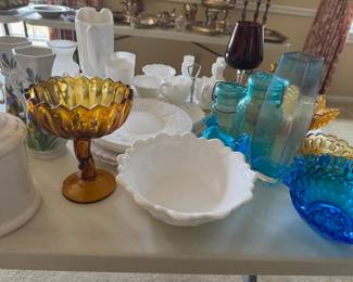 Amber Lotus bowl, Milk While dishes, Blue vases, Brandy Snifter