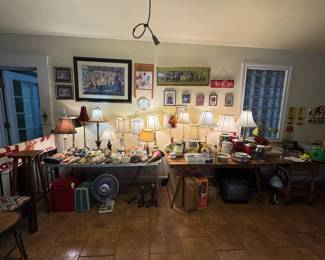 Lamps in working order, wall pockets, framed artwork, pitchers (for water/tea), vases
