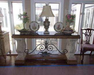 Large Foyer Table w/Marble Top, Lamps, Candle Holders, etc