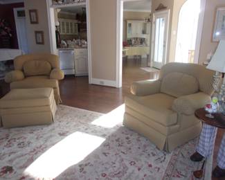 Pair Upholstered Chairs, Matching Ottoman