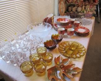 Fall colors  dishes, glassware and vintage amber colored egg plate and dessert cups!