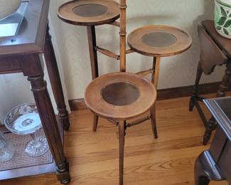 Mid Century Mahogany 3 Tier Plant Stand by Brandt / Leather Inlay,  cherry wood.