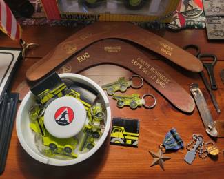 The Euclid Company, ashtray, Boomerang, key chains.