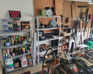 Shelving, tools, chemicals.