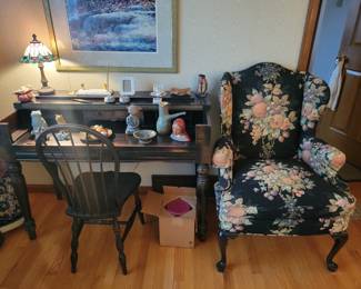 Antique Spinet Piano Writing Desk & chair, Solid Wood. Beautiful Wingback Arm Chair.