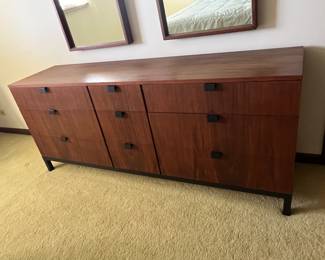 Milo Baughman Long Dresser, wall mirrors (2), night stand and headboard 