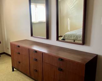Milo Baughman Long Dresser, wall mirrors (2), night stand and headboard 