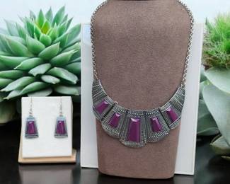 Purple Silver Bib Collar Necklace  Matching Earrings
