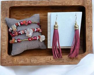 Leather Tassle Earrings With Natural Stone Bracelet Tested