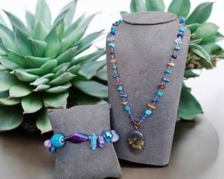 Purple Flower Pendulum Pendant Necklace Bracelet  Earrings