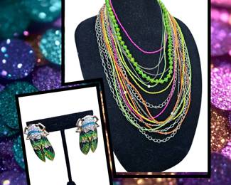 MultiLayered Colorful Necklace  Rhinestone Locust Earrings