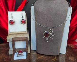 Red and Silver Glass Necklace, Earrings Ring