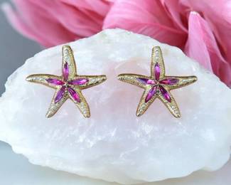 Starfish Shaped Earrings With Gold Tone Edges  Pink Stones