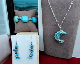 Turquoise Chip Wired Moon Necklace Earrings  Bracelet  Tested