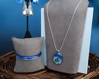 Serene Blue Flower Pendant Necklace, Bracelet Earrings