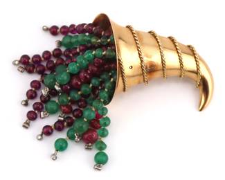 Lot 404 18kt Gold,Ruby,Emerald Diamond Brooch