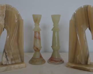 Alabaster Horse heads and candle sticks 