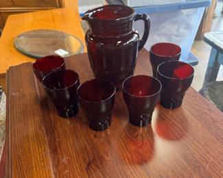 Antique Ruby Red Water Pitcher with 6 Matching Glasses