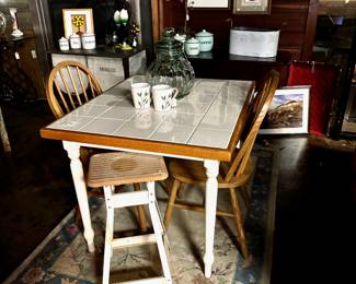 White Tiled-Top Wooden Table with 2 matching Oak chairs